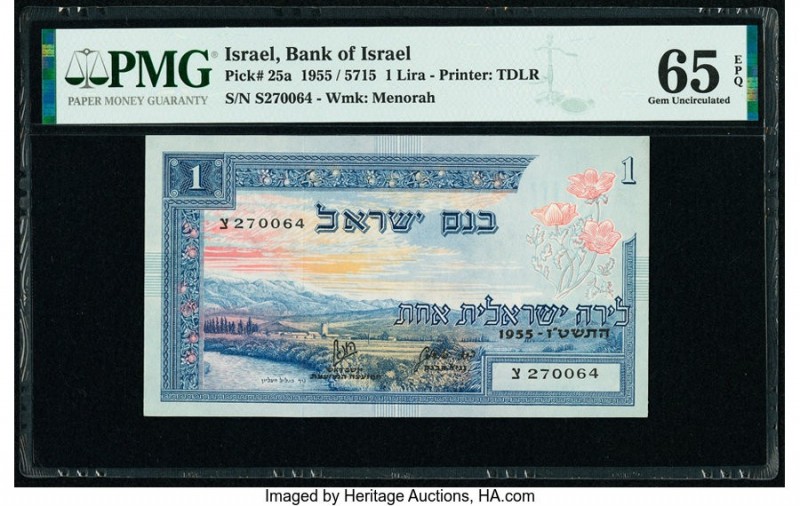 Israel Bank of Israel 1 Lira 1955 / 5715 Pick 25a PMG Gem Uncirculated 65 EPQ. T...