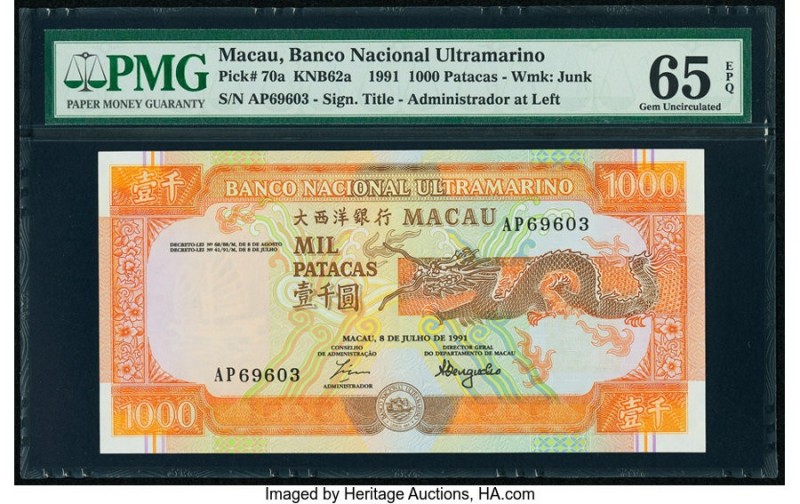 Macau Banco Nacional Ultramarino 1000 Patacas 8.7.1991 Pick 70a KNB62a PMG Gem U...