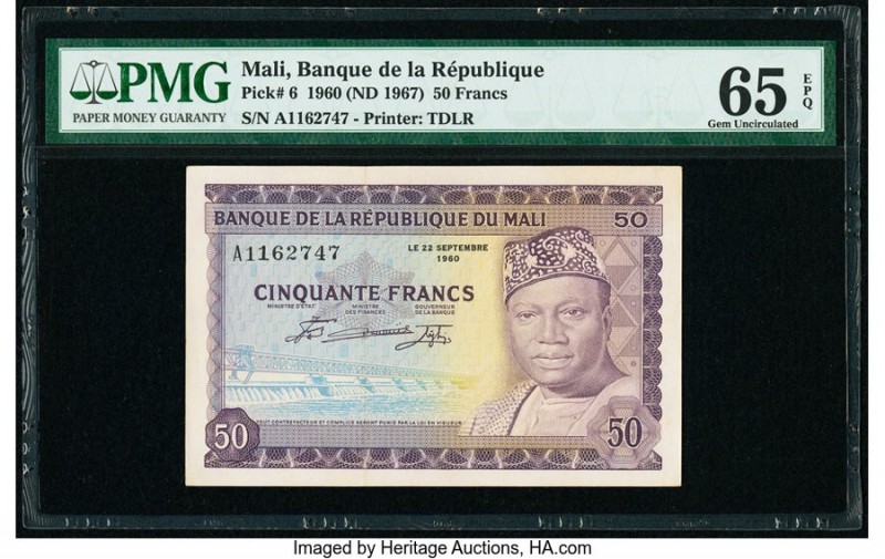 Mali Banque de la Republique du Mali 50 Francs 22.9.1960 Pick 6 PMG Gem Uncircul...