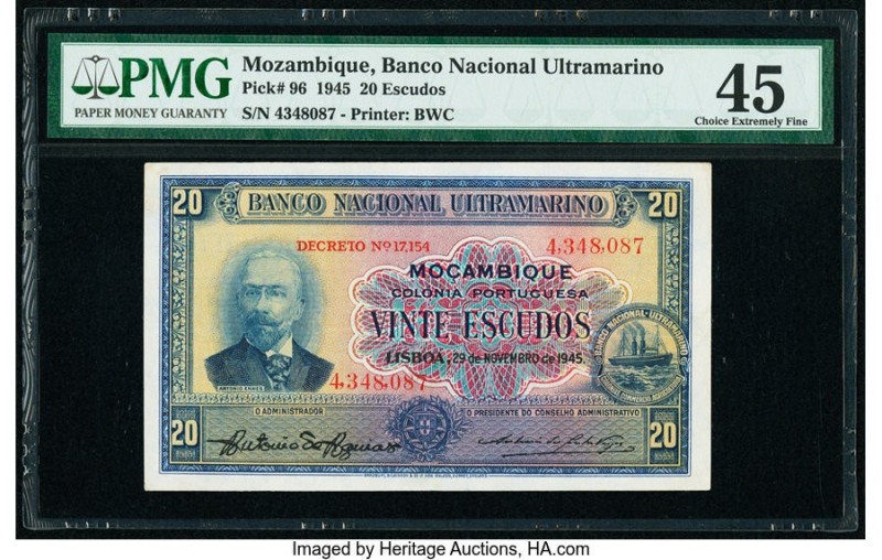 Mozambique Banco Nacional Ultramarino 20 Escudos 29.11.1945 Pick 96 PMG Choice E...