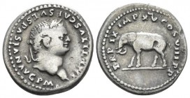 Titus, 79-81 Denarius circa 80, AR 18mm., 2.84g. Laureate head with slight beard r. Rev. Elephant adavncing l. C 303. RIC 115.Very Fine.