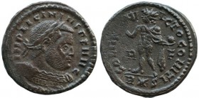 Licinius I. 308-324 Follis 314, Rom Brustbild mit Lorbeerkranz nach rechts, 3.3.g.IMP LICINIVS PF AVG / Sol steht mit Globus und erhobener Rechten nac...