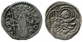 Nicolò Tron. 1471-1473. AR Soldino . Doge standing left, holding banner; L/ M to right / Lion of S. Marco left within quatrefoil; annulets in angles