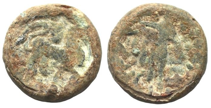 Indo-Scythians. Rajuvula. Ca. 58-12 B.C. PB 1/2 unit (4,95 g). Lion advancing ri...
