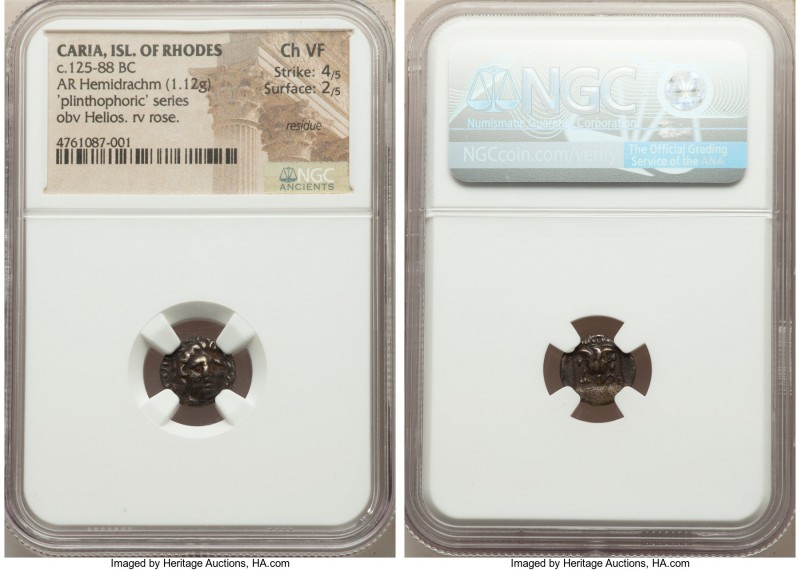 CARIAN ISLANDS. Rhodes. Ca. 125-88 BC. AR hemidrachm (11mm, 1.12 gm, 12h). NGC C...