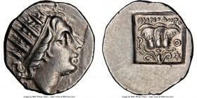 CARIAN ISLANDS. Rhodes. Ca. 88-84 BC. AR drachm (17mm, 11h). NGC AU. 'Plinthophoric' coinage, Menodorus, magistrate. Radiate head of Helios right / MH...