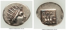CARIAN ISLANDS. Rhodes. Ca. 88-84 BC. AR drachm (16mm, 2.05 gm, 12h). Choice VF. Plinthophoric standard, Maes, magistrate. Radiate head of Helios righ...
