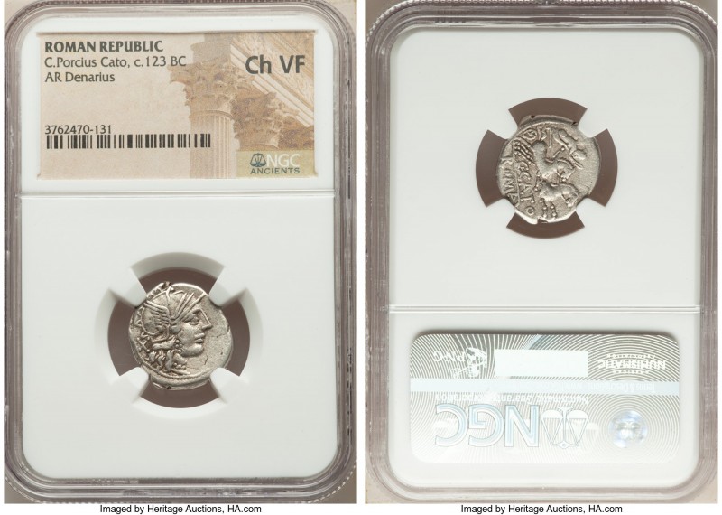 C. Porcius Cato (ca. 123 BC). AR denarius (18mm, 9h). NGC Choice VF. Rome. Head ...