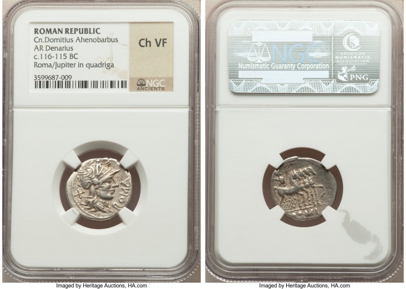 Cn. Domitius Ahenobarbus (ca. 116-115 BC). AR denarius (20mm, 12h). NGC Choice V...