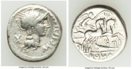 M. Cipius M. f. (ca. 115-114 BC). AR denarius (17mm, 3.90 gm, 12h). VF. Rome. M•CIPI•M•F (upwards) before, head of Roma right wearing helmet decorated...