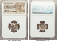 Titus Manlius Mancius, Appius Claudius Pulcher, and Q. Urbinius, moneyers (111-110 BC). AR denarius (18mm, 3.95 gm, 1h). NGC AU 4/5 - 4/5. Rome. Head ...