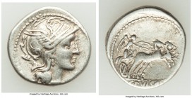 C. Claudius Pulcher (110-109 BC). AR denarius (19mm, 3.75 gm, 3h). VF. Rome. Head of Roma right wearing winged helmet decorated with circular device a...
