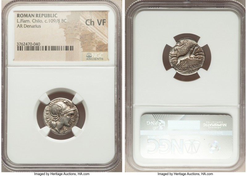 L. Flaminius Chilo (ca. 109-108 BC). AR denarius (18mm, 5h). NGC Choice VF. Rome...