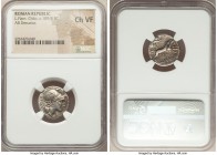 L. Flaminius Chilo (ca. 109-108 BC). AR denarius (18mm, 5h). NGC Choice VF. Rome. Helmeted head of Roma right, ROMA (downwards) behind, X (mark of val...