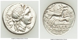 C. Allius Bala (92 BC). AR denarius (18mm, 3.81 gm, 5h). About XF. Diademed female head right; BALA behind, G below chin / C•ALLI, Diana driving biga ...