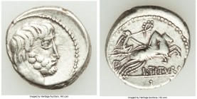 L. Titurius L.f. Sabinus (ca. 89 BC). AR denarius (19mm, 4.54 gm, 11h). VF. Rome. SABIN, bearded head of King Tatius right / L•TITVRI, Victory gallopi...