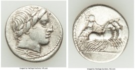 Anonymous (ca. 86 BC). AR denarius (18mm, 4.08 gm, 1h). VF. Rome. Laureate head of Apollo right; thunderbolt below, dotted border / Jupiter driving ga...