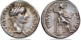 Tiberius (AD 14-37). AR denarius (18mm, 8h). NGC Choice VF, scratches, flan flaw. Lugdunum. TI CAESAR DIVI-AVG F AVGVSTVS, laureate head of Tiberius r...