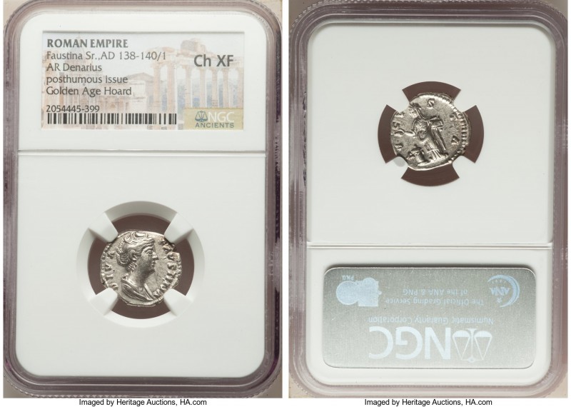 Diva Faustina Senior (AD 138-140/1). AR denarius (17mm, 5h). NGC Choice XF. Rome...