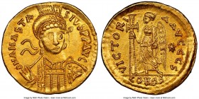 Anastasius I (AD 491-518). AV solidus (21mm, 4.48 gm, 5h). NGC Choice AU 4/5 - 3/5, edge bend. Constantinople, AD 498-518, 6th officina. D N ANASTA-SI...