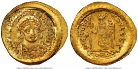 Anastasius I (AD 491-518). AV solidus (22mm, 4.46 gm, 6h). NGC Choice MS 4/5 - 5/5, die shift. Constantinople, 3rd officina. D N ANASTA-SIVS PP AVG, h...