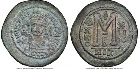 Justinian I the Great (AD 527-565). AE follis (41mm, 7h). NGC XF. Nicomedia, 2nd officina, Regnal Year 14 (540/1). D N IVSTINI-ANVS P P AVG, helmeted,...