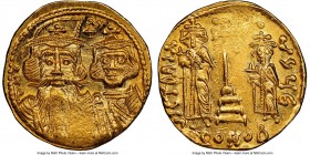 Constans II Pogonatus (AD 641-668), with Constantine IV, Heraclius and Tiberius. AV solidus (20mm, 4.46 gm, 5h). NGC MS 3/5 - 4/5, clipped. Constantin...