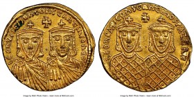 Leo IV the Khazar (AD 775-780), with Constantine VI, Leo III, and Constantine V. AV solidus (20mm, 4.35 gm, 5h). NGC Choice AU 5/5 - 3/5, edge crimp. ...