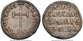 Constantine VI and Irene (AD 780-797). AR miliaresion (19mm, 1h). NGC Fine, clipped, scratches. Constantinople. InSЧS XRIS-tЧS nICA, cross potent on t...