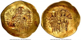 John II Comnenus (AD 1118-1143), AV hyperpyron (27mm, 4.28 gm, 6h). NGC Choice AU 3/5 - 4/5, scratches. Constantinople. + KЄ RO-HΘЄ, Christ enthroned ...