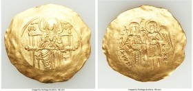 Isaac II Angelus (1185-1195). AV hyperpyron (30mm, 4.44 gm, 6h). VF. Constantinople. Nimbate Virgin enthroned facing, holding nimbate head of infant C...