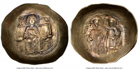 Isaac II Angelus (AD 1185-1195). EL aspron trachy (28mm, 12h). NGC AU. Constantinople. Full length figure of the Virgin Mary seated facing on throne, ...