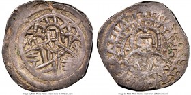 Manuel II Palaeologus (AD 1391-1425). AR stavraton (24mm, 1h). NGC AU. Constantinople. Nimbate bust of Christ facing, wearing pallium and colobium, ri...
