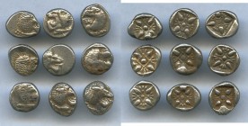 ANCIENT LOTS. Greek. Ionia. Miletus. Ca. late 6th-5th centuries BC. Lot of nine (9) AR 1/12th staters or obols. VG-VF. Milesian standard. Forepart of ...