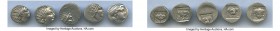 ANCIENT LOTS. Greek. Carian Islands. Rhodes. Ca. 88-84 BC. Lot of five (5) AR drachms. VF. Includes: (5) Plinthophoric standard, AR drachms. Various m...