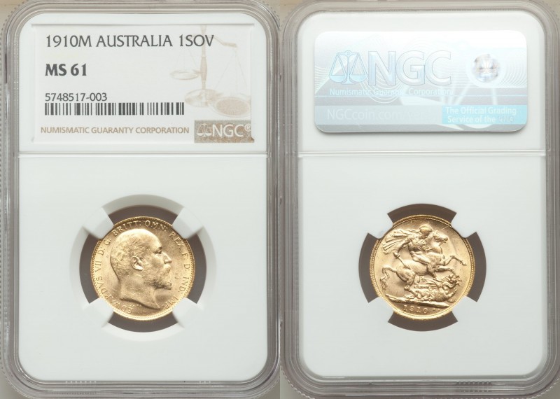 Edward VII gold Sovereign 1910-M MS61 NGC, Melbourne mint, KM15. AGW 0.2355 oz. ...