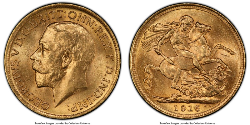 George V gold Sovereign 1915-S MS64 PCGS, Sydney mint KM29, S-4003. AGW 0.2355 o...