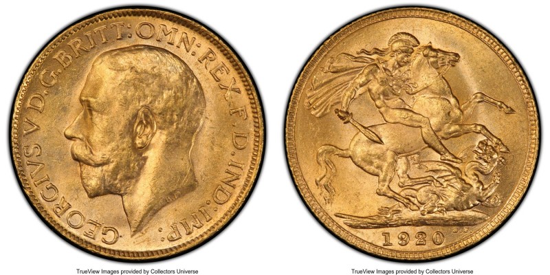 George V gold Sovereign 1920-P MS63 PCGS, Perth mint, KM29, S-4001. AGW 0.2355 o...