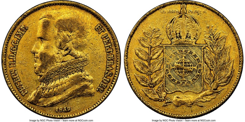 Pedro II gold 20000 Reis 1849 VF35 NGC, Rio de Janeiro mint, KM461. First year a...