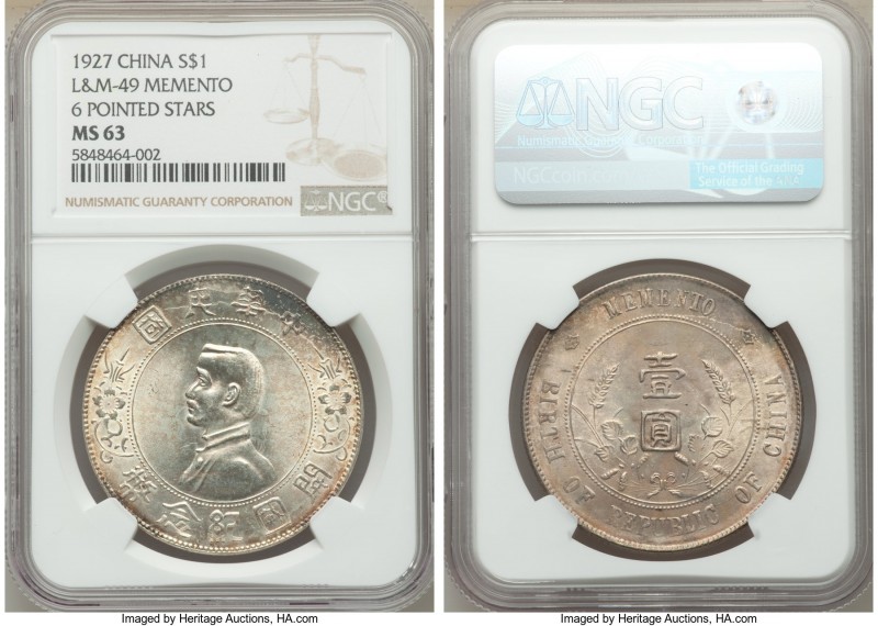 Republic Sun Yat-sen "Memento" Dollar ND (1927) MS63 NGC, KM-Y318a.1, L&M-49. Si...