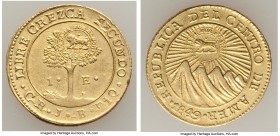 Republic gold Counterstamped Escudo ND (1849-1857) XF (Ex. Jewelry, Altered Surfaces), San Jose mint, KM84. 18.4mm. 3.09gm. Counterstamp on Central Am...
