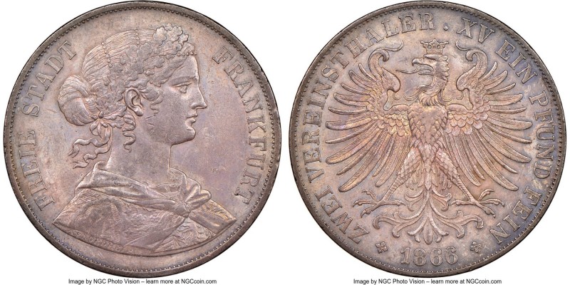 Frankfurt. Free City 2 Taler 1866 AU53 NGC, KM365. Lavender gray and rose-gold t...