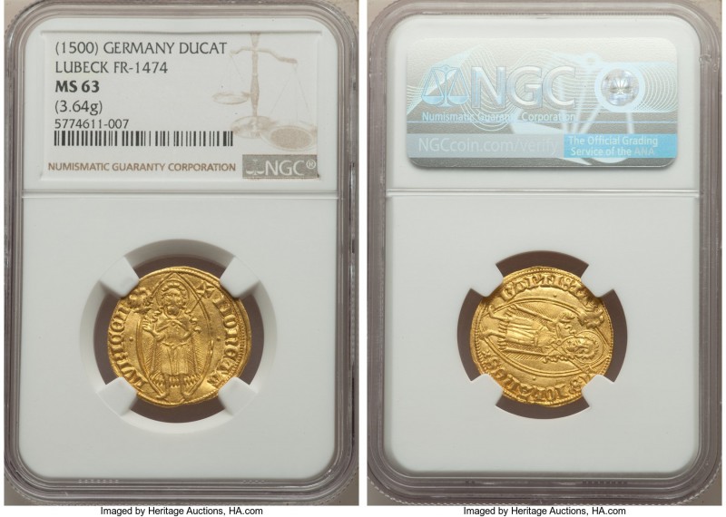 Lübeck. Free City gold Ducat ND (c. 1500) MS63 NGC, Fr-1474. 23mm. 3.64gm. 

H...