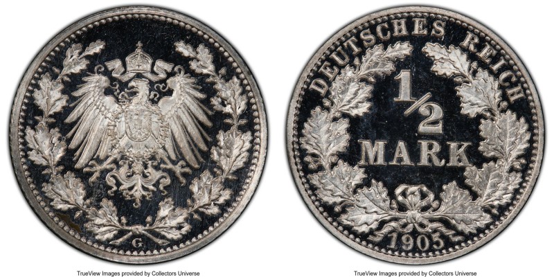 Wilhelm II Proof 1/2 Mark 1905-G PR66 Deep Cameo PCGS, Karlsruhe mint, KM17. Hig...