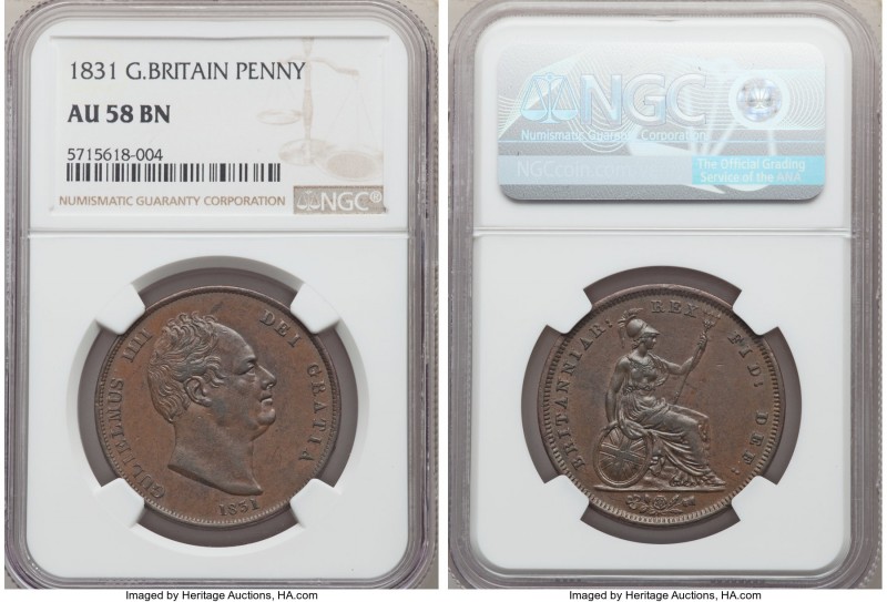 William IV Penny 1831 AU58 Brown NGC, KM707, S-3845. Chocolate surfaces with jus...
