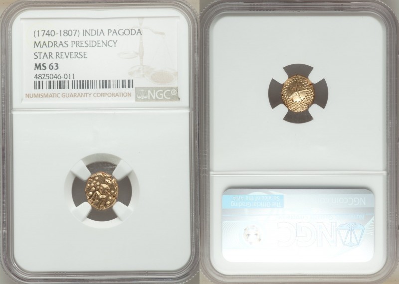 British India. Madras Presidency gold Pagoda ND (1740-1807) MS63 NGC, Fort St. G...