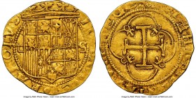 Charles & Johanna gold Cob Escudo ND (1516-1556) S-D AU50 NGC, Seville mint, Cal-55. 3.36gm. With square-shaped D to left. Attractive for both the gra...