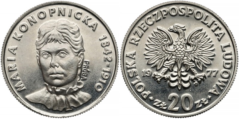 Próba NIKIEL 20 złotych 1977 Maria Konopnicka
 
Reference: Parchimowicz P.308....