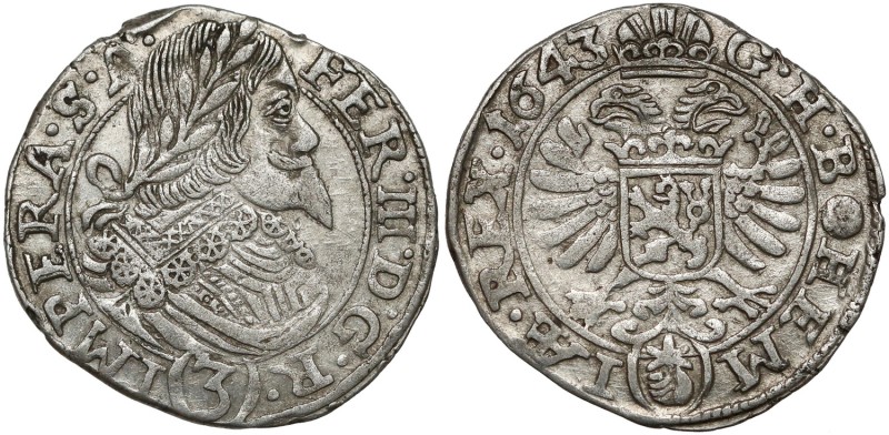 Czechy, Ferdynand III, 3 krajcary 1643, Praga
 Na rewersie znak menniczy (ręka ...