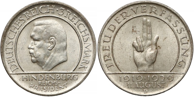 Niemcy, Weimar, 3 mark 1929 D - Hindenburg / Verfassung
Niemcy, Weimar, 3 marki...